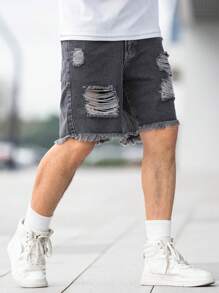 Manfinity Homme Men Cotton Ripped Raw Hem Denim Shorts Baggy Jorts Plain Dark Grey Going Out