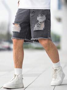 Manfinity Homme Men Cotton Ripped Raw Hem Denim Shorts Baggy Jorts Plain Dark Grey Going Out