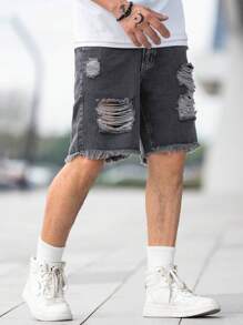 Manfinity Homme Men Cotton Ripped Raw Hem Denim Shorts Baggy Jorts Plain Dark Grey Going Out