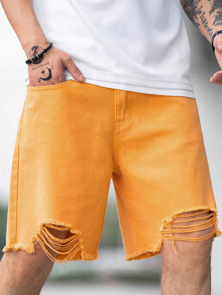 Manfinity Hombres Shorts en mezclilla desgarro ribete crudo - Naranja - Ver 1