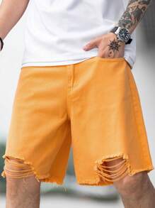 Manfinity Hombres Shorts en mezclilla desgarro ribete crudo - Naranja - Ver 4