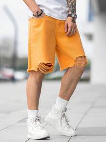 Manfinity Hombres Shorts en mezclilla desgarro ribete crudo - Naranja - Ver 6