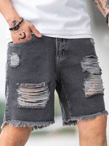 Manfinity Homme Men Cotton Ripped Raw Hem Denim Shorts Baggy Jorts Plain Dark Grey Going Out