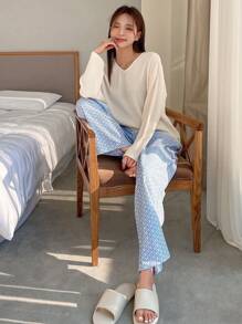 DAZY 素色落肩T恤和褲子休閒服套裝 - 藍色 - 查看 9