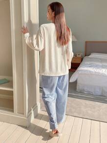 DAZY 素色落肩T恤和褲子休閒服套裝 - 藍色 - 查看 2