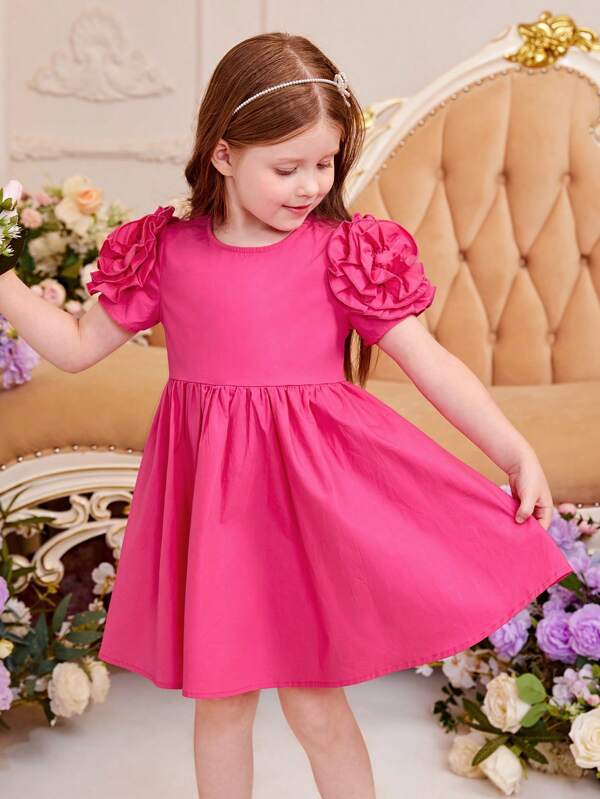 SHEIN Kids CHARMNG Toddler Girls Solid Floral Applique Puff Sleeve