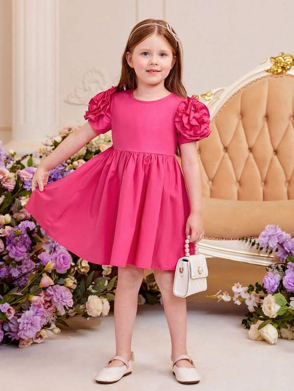 SHEIN Kids CHARMNG Toddler Girls Solid Floral Applique Puff Sleeve