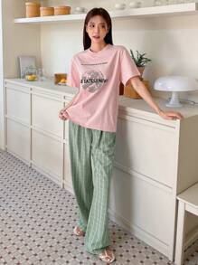 DAZY Slogan Graphic Tee & Plaid Print Trousers - Multicolor - View 1