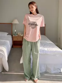 DAZY Slogan Graphic Tee & Plaid Print Trousers - Multicolor - View 6