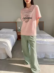 DAZY Slogan Graphic Tee & Plaid Print Trousers - Multicolor - View 7