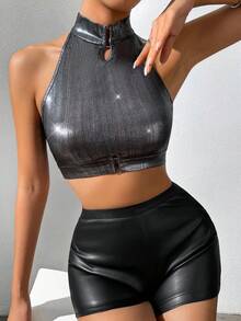 Allurite Metallic Crop Tank Top - Grey - View 4