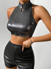 Allurite Metallic Crop Tank Top - Grey - View 6