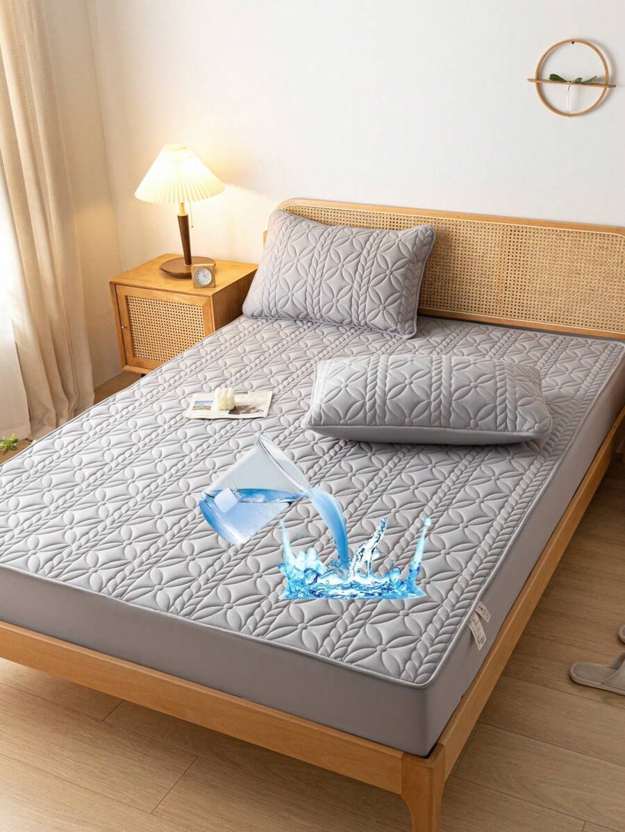 1PC Polyester Chần Gòn Chống Thấm Nước Đệm Lót Giường Chống Mite Tấm Bọc Nệm Có Dây Co Giãn (Không Bao Gồm Vỏ Gối) - Xám - Xem 1