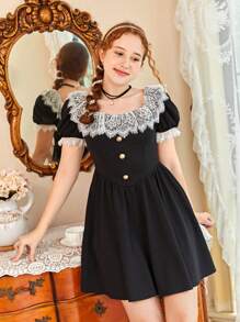 SHEIN 青少年女孩蕾絲拼接前紐扣泡泡袖連衣裙 - 黑色 - 查看 4