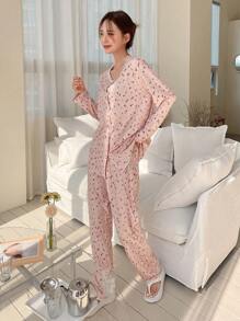DAZY Ditsy Floral Print Button Front PJ Set - Pink - View 1