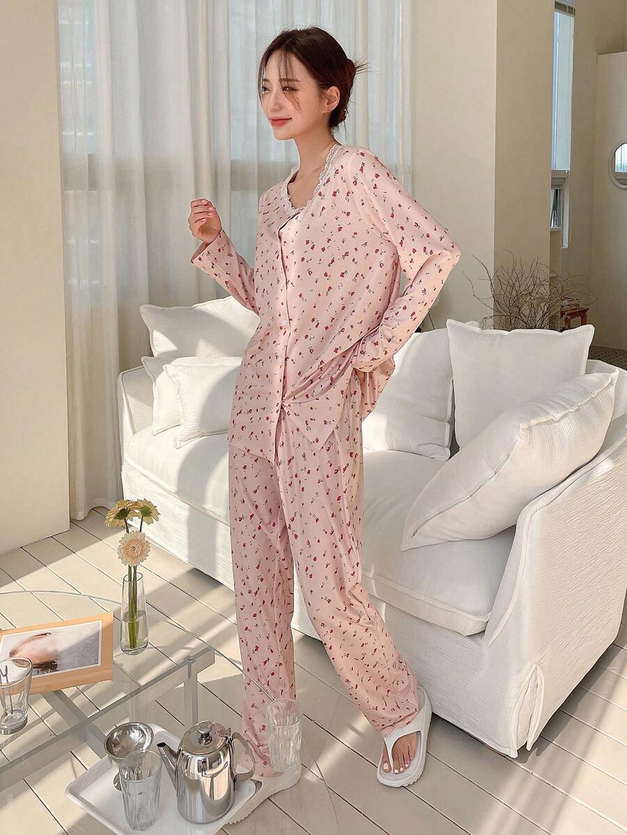 DAZY Ditsy Floral Print Button Front PJ Set - Pink - View 1