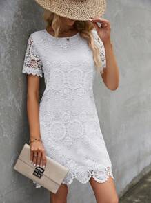 SHEIN Clasi Solid Guipure Lace Dress - White - View 3