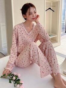 DAZY Ditsy Floral Print Button Front PJ Set - Pink - View 5