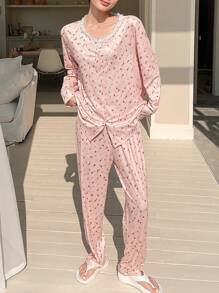 DAZY Ditsy Floral Print Button Front PJ Set - Pink - View 7