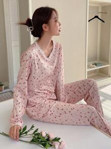 DAZY Ditsy Floral Print Button Front PJ Set - Pink - View 8
