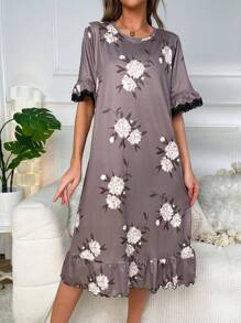 Váy ngủ Pajama viền ren họa tiết hoa - màu nâu - Xem 4