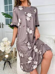 Váy ngủ Pajama viền ren họa tiết hoa - màu nâu - Xem 5