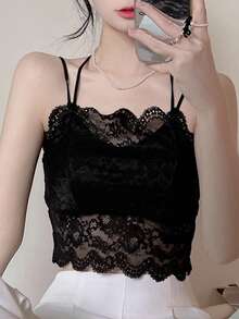 Women's Lace Fashionable Cropped Slim Fit Camisole - Black - View 3