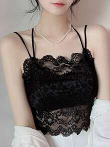 Women's Lace Fashionable Cropped Slim Fit Camisole - Black - View 4