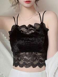 Women's Lace Fashionable Cropped Slim Fit Camisole - Black - View 5