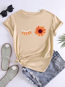 SHEIN LUNE Floral Print Tee - Khaki - View 1