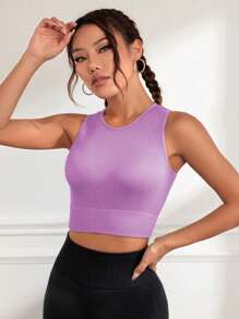 SHEIN Daily&Casual Áo Tees & Tanks  Thể thao Nữ Gân đan màu trơn - Màu tím - Xem 3