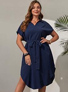 EMERY ROSE Đầm Plus Size Thắt lưng Túi màu trơn Giải trí - Màu xanh hải quân - Xem 1