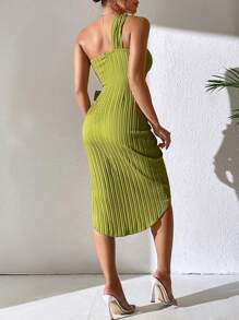 Zolique One Shoulder Knot Side Wrap Hem Dress - Olive Green - View 2