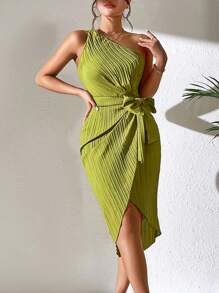 Zolique One Shoulder Knot Side Wrap Hem Dress - Olive Green - View 5