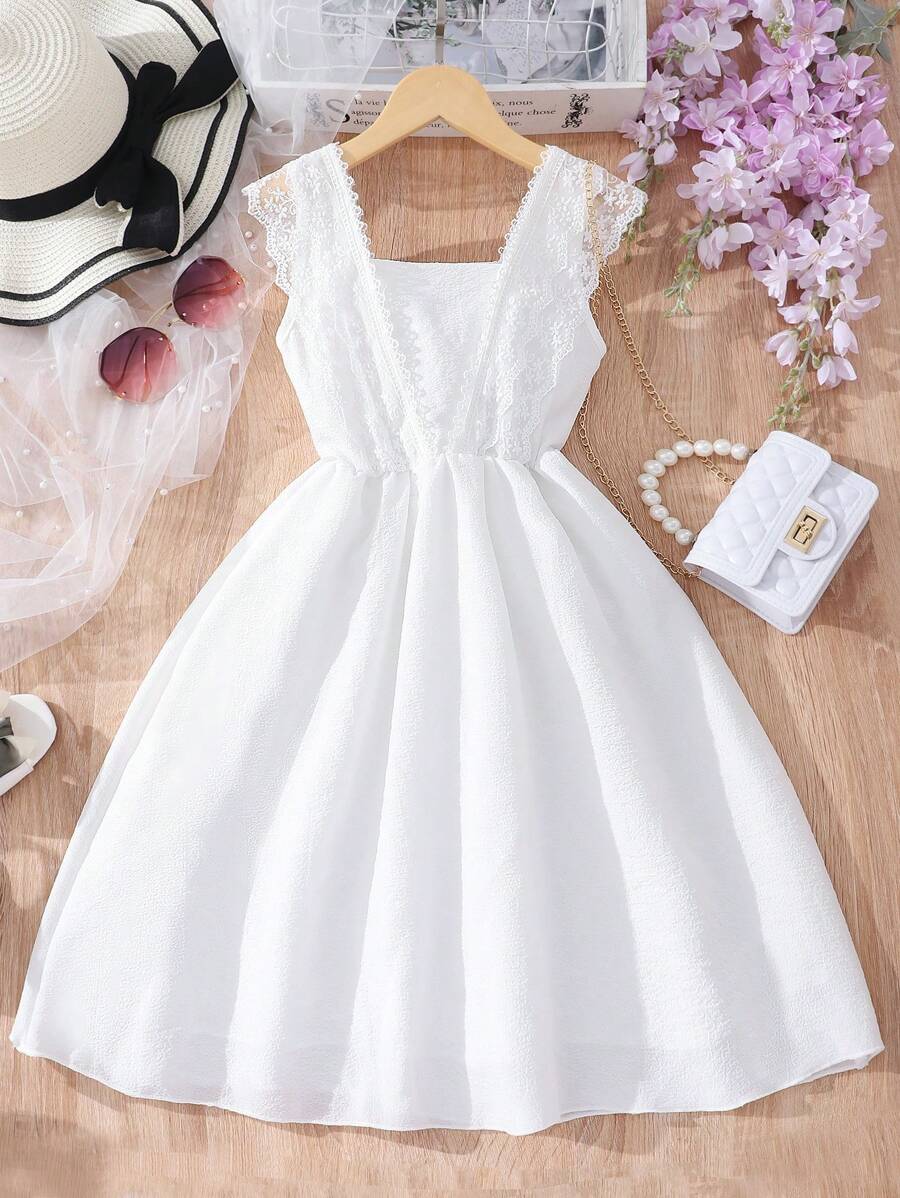 SHEIN Đầm Gái Tương phản ren màu trơn Dễ thương - trắng - Xem 1