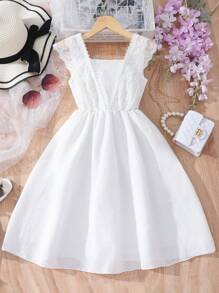 SHEIN Đầm Gái Tương phản ren màu trơn Dễ thương - trắng - Xem 2