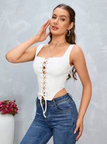 PARTHEA 前繫帶不對稱下擺背心上衣 - 白色 - 查看 6