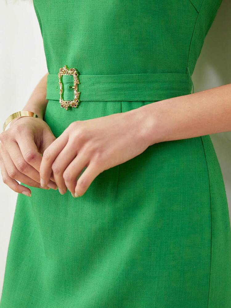 BELTED LINEN VISCOSE MERMAID DRESS