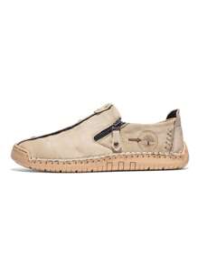 復古手工樂福鞋適用於男士字母圖案拉鏈裝飾一腳蹬樂福鞋 - 卡其色 - 查看 5