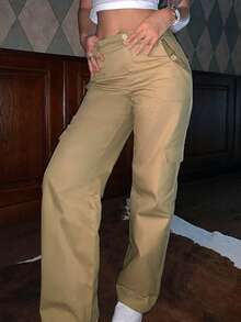 DAZY Solid Flap Pocket Cargo Trousers - Khaki - View 7