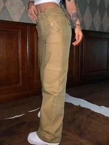 DAZY Solid Flap Pocket Cargo Trousers - Khaki - View 8