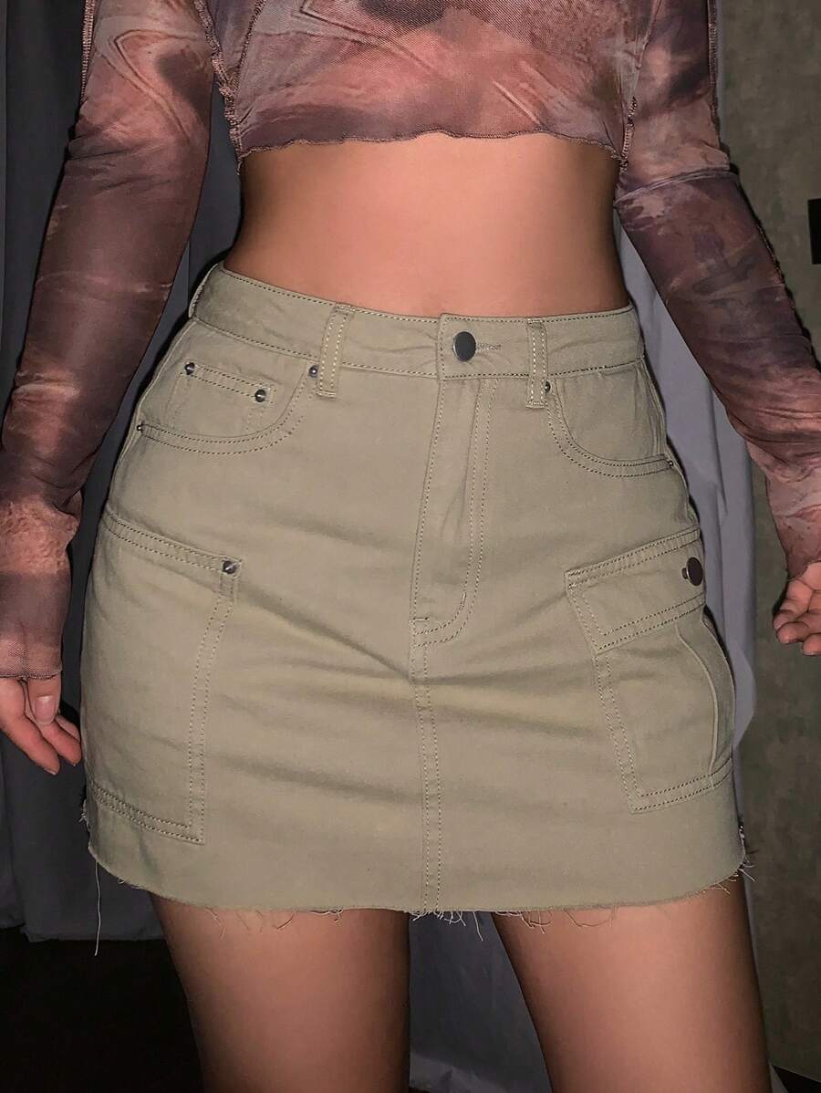 DAZY Solid Flap Pocket Side Raw Hem Cargo Skirt Low Rise - Khaki - View 1