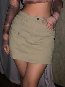 DAZY Solid Flap Pocket Side Raw Hem Cargo Skirt Low Rise - Khaki - View 2