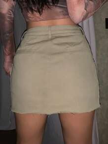 DAZY Solid Flap Pocket Side Raw Hem Cargo Skirt Low Rise - Khaki - View 4