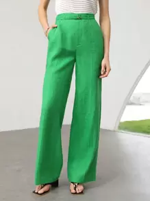 MOTF PREMIUM 純亞麻束腰正裝褲 - 綠色 - 查看 2