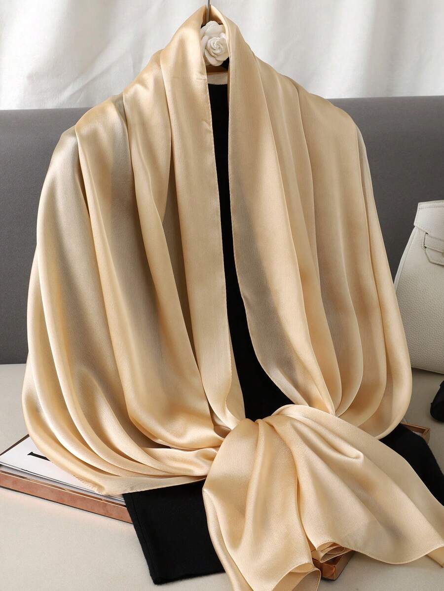1pc Women's Solid Color New Satin Scarf, Wedding, Shawl - Apricot - View 1
