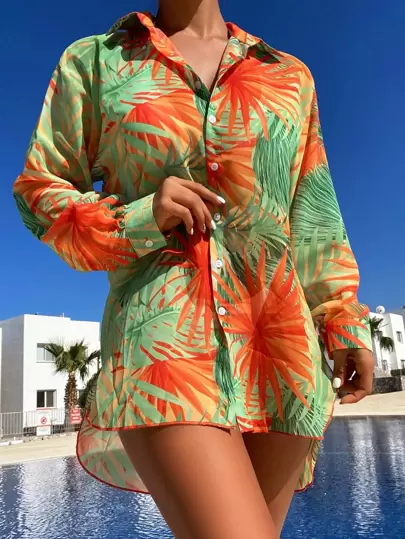 熱帶圖案落肩袖前紐扣和服罩衫