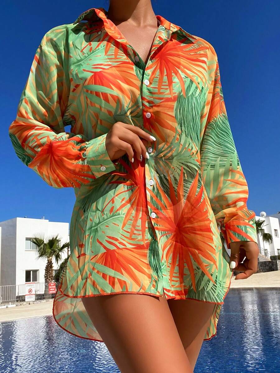 熱帶圖案落肩袖前紐扣和服罩衫