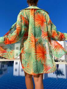 熱帶圖案落肩袖前紐扣和服罩衫