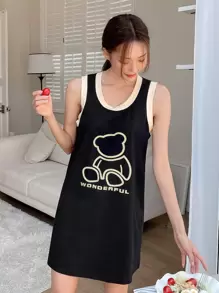 DAZY 熊和字母圖案撞色滾邊背心連衣裙